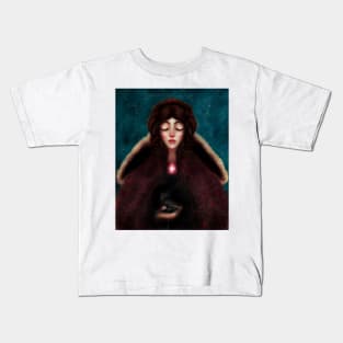 Young Girl in a Renaissance Cloak Holding a Raven With a Starry Night Sky- Gothic Art- Witch Art Kids T-Shirt